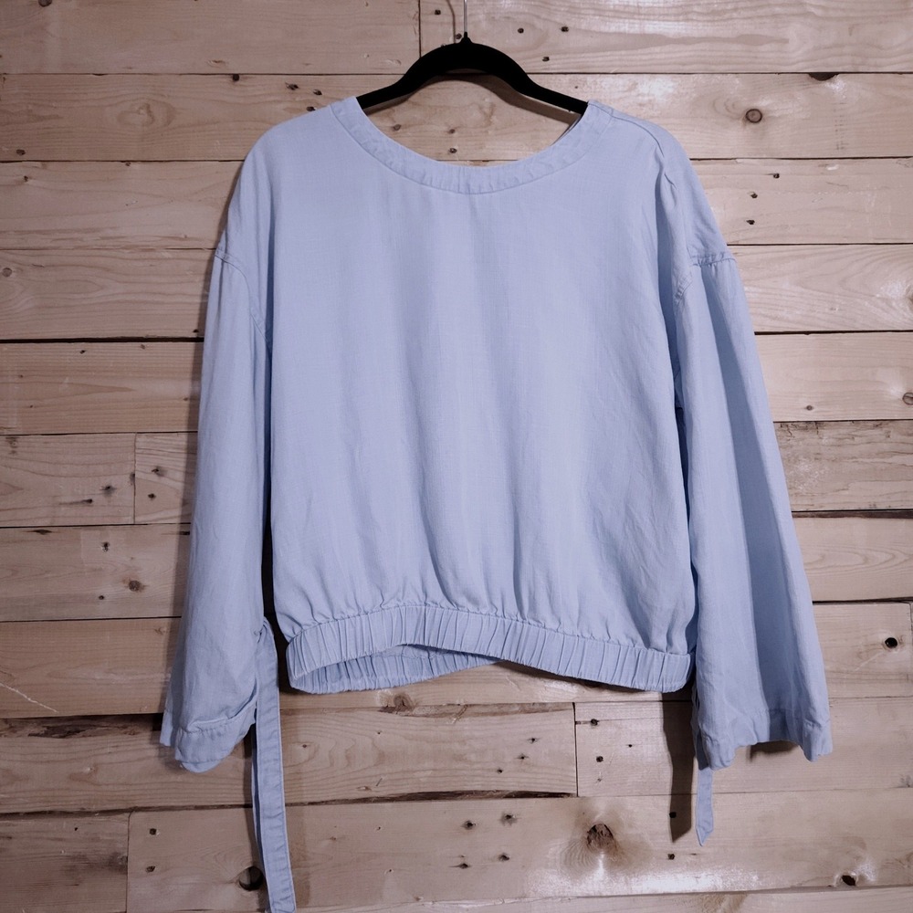 Frame Denim Laurel Light Blue Tencel Tie Back Elastic Hem Blouse Size M
